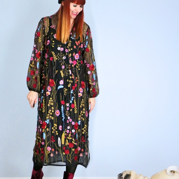 Semi Sheer Floral Embroidered Boho Maxi Dress Size Small/Medium - Picture 1 of 11